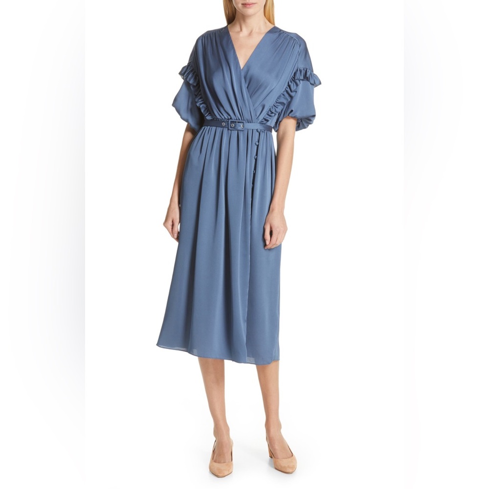 KATE SPADE Satin Midi Dress Ruffle Trim short sleeve Antique Blue